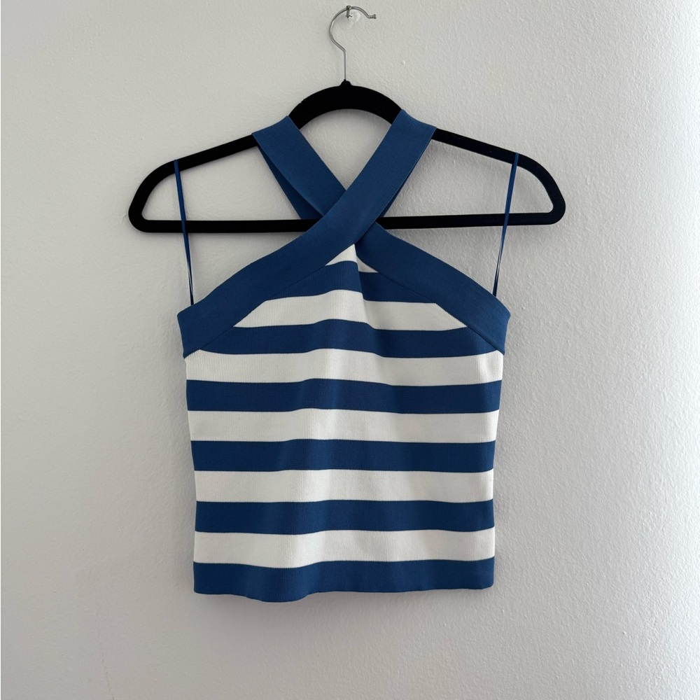 Sincerely Jules Blue and White Fitted Crop Tank Top